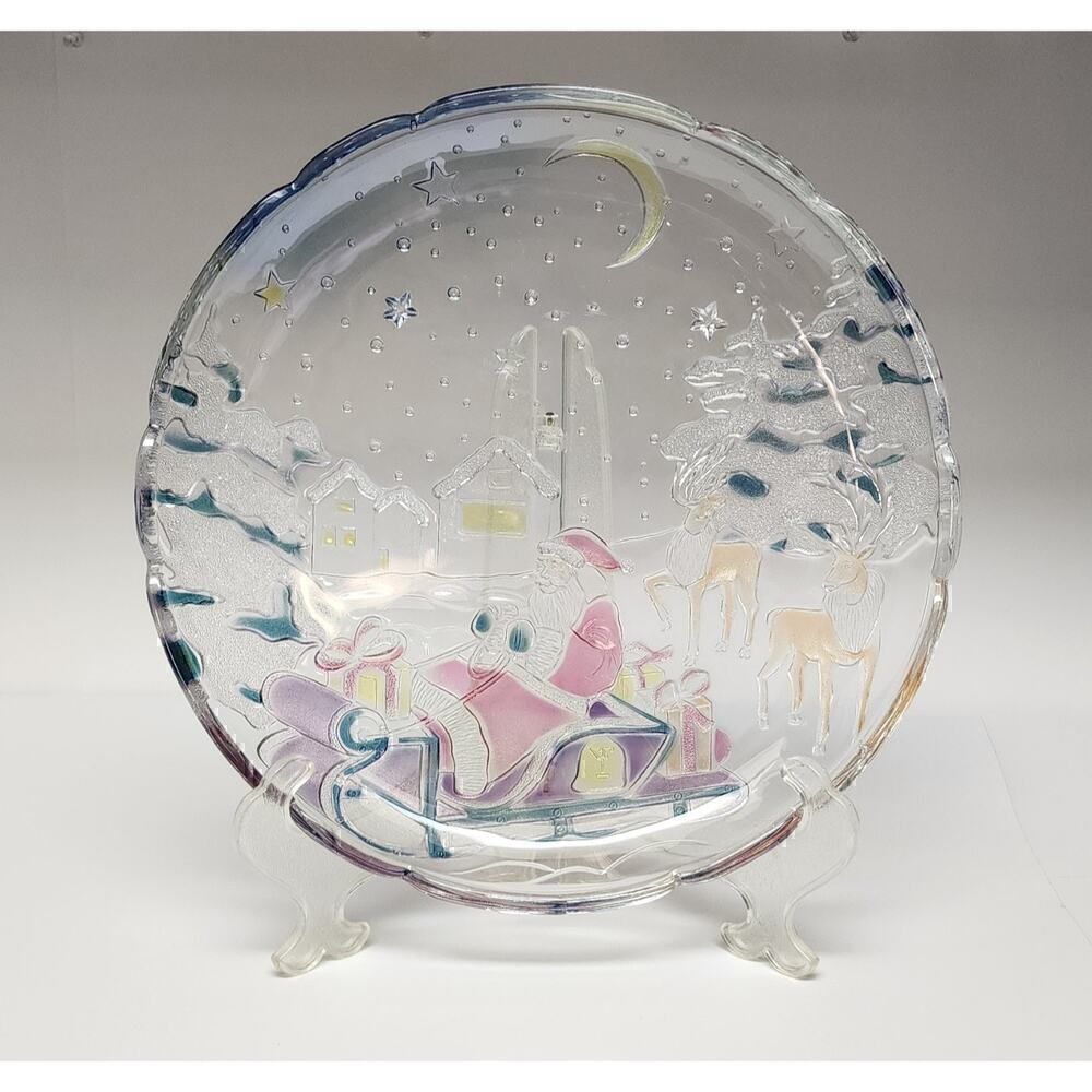 Crystal Clear Industries 1989 Sleigh Bells Christmas 14" Glass Serving Platter